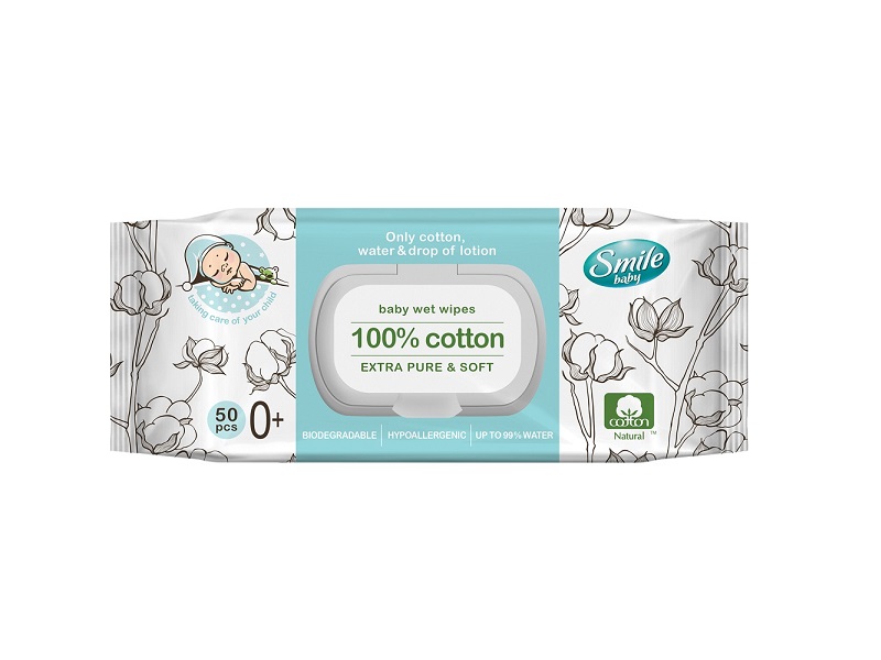 Салфетки влажные Smile Baby 100% cotton для новорожденных 50 шт